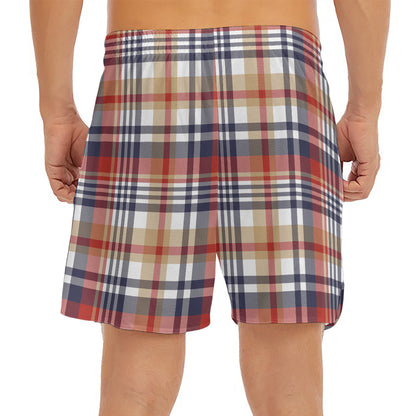 Red Blue And Beige Madras Plaid Print Men's Split Running Shorts