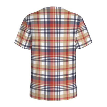 Red Blue And Beige Madras Plaid Print Men's Sports T-Shirt