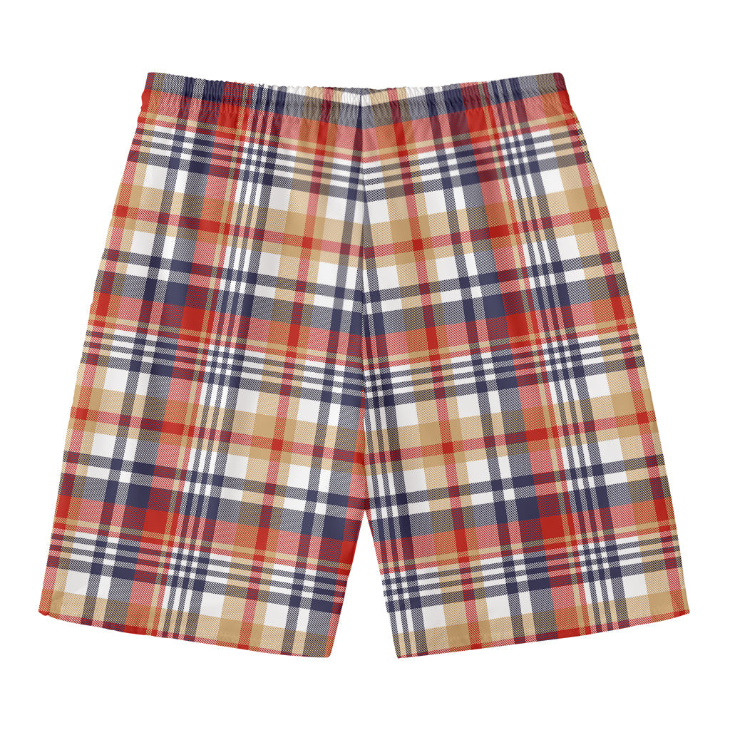 Red Blue And Beige Madras Plaid Print Men's Swim Trunks
