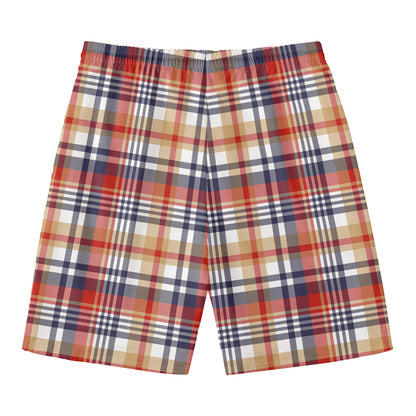 Red Blue And Beige Madras Plaid Print Men's Swim Trunks