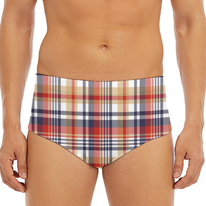 Red Blue And Beige Madras Plaid Print Men's Triangle Swim Briefs