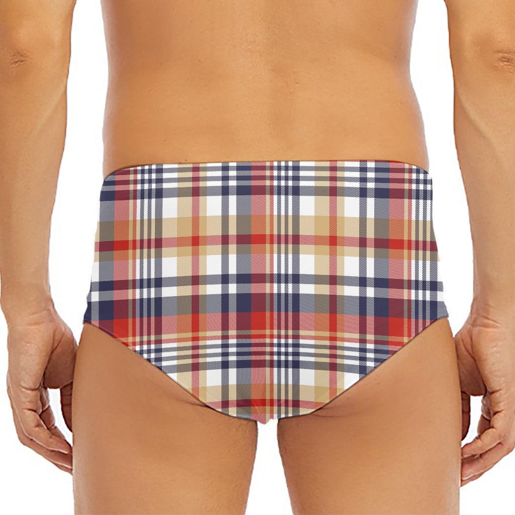 Red Blue And Beige Madras Plaid Print Men's Triangle Swim Briefs