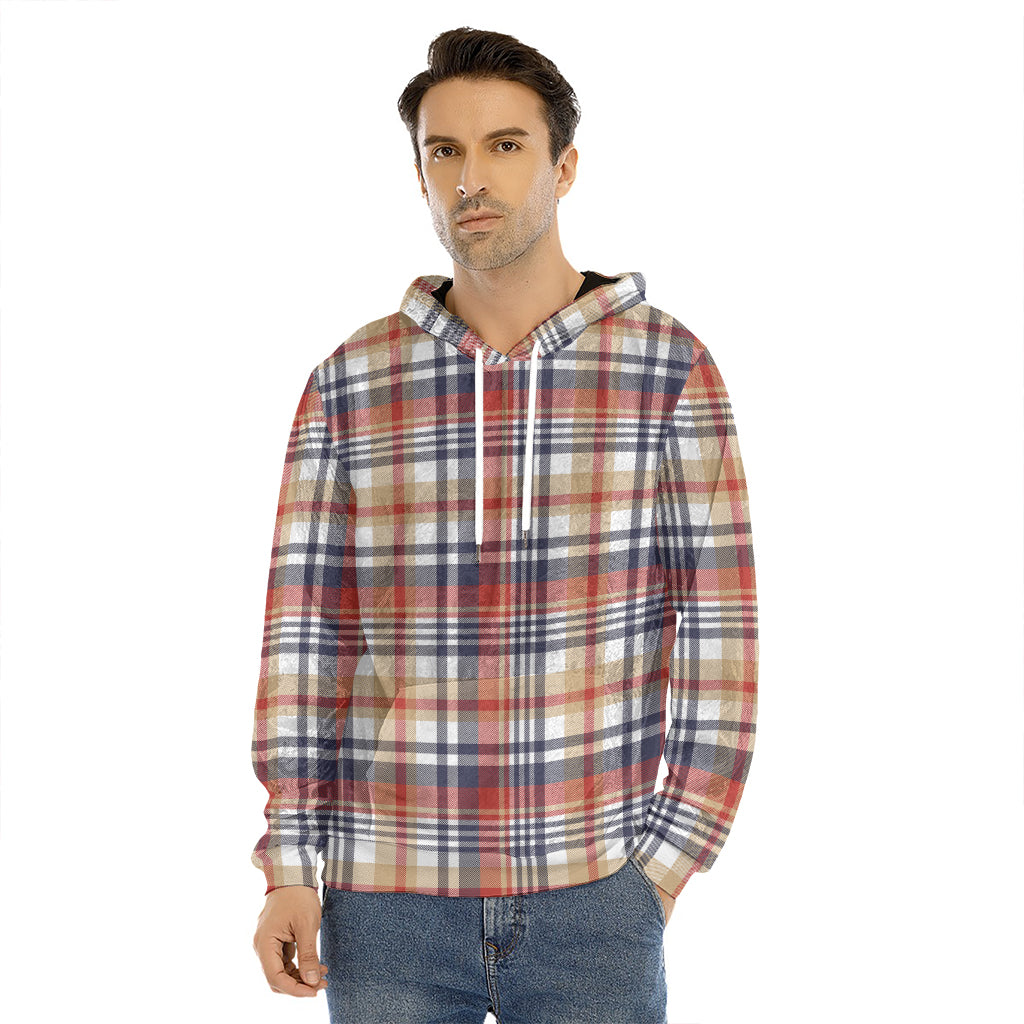 Red Blue And Beige Madras Plaid Print Men's Velvet Pullover Hoodie