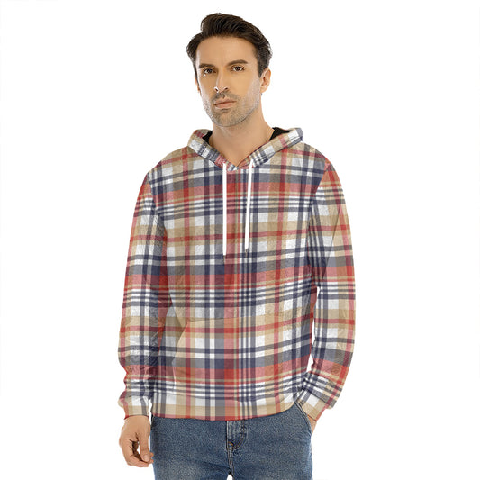 Red Blue And Beige Madras Plaid Print Men's Velvet Pullover Hoodie