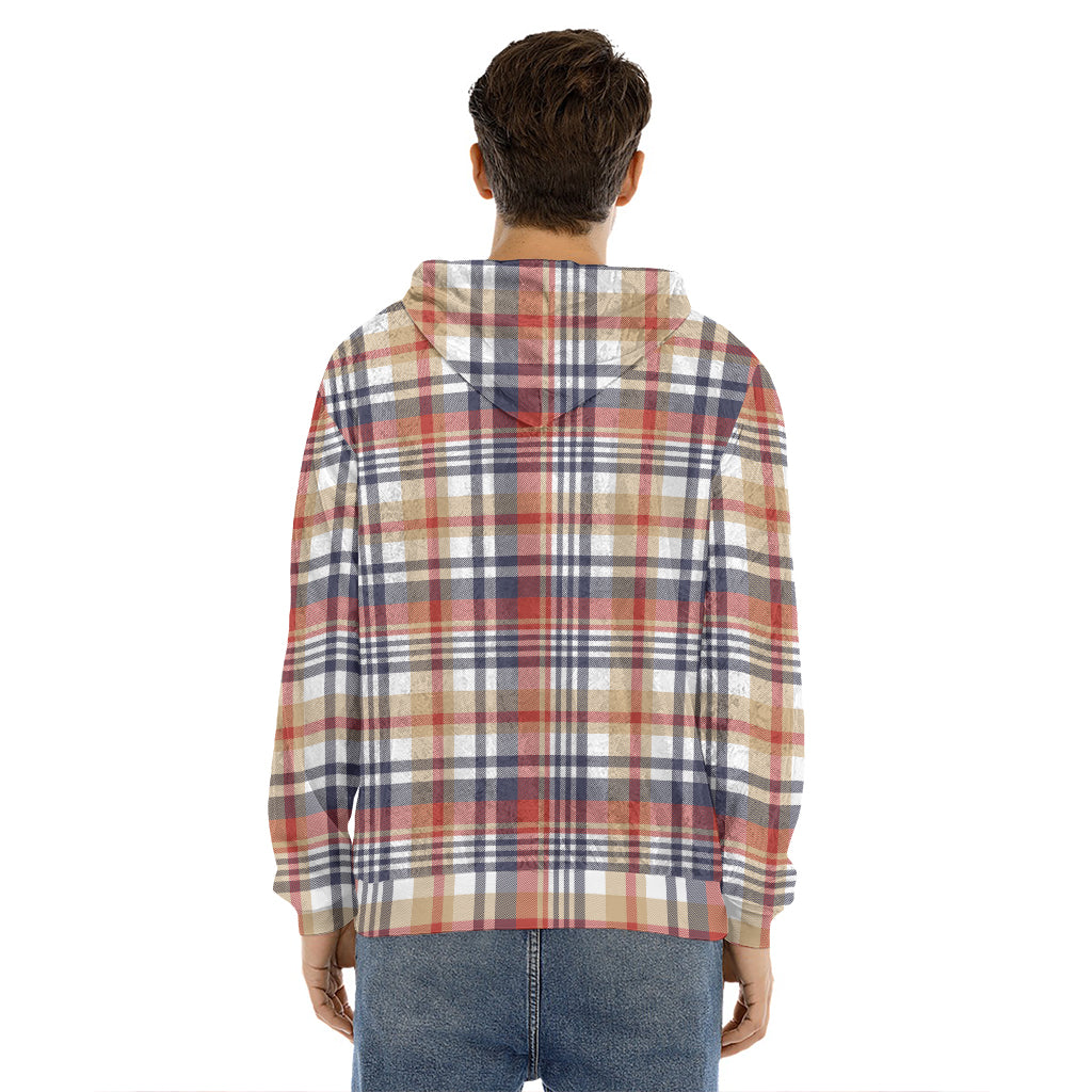 Red Blue And Beige Madras Plaid Print Men's Velvet Pullover Hoodie