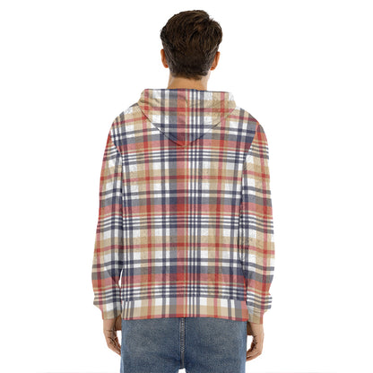 Red Blue And Beige Madras Plaid Print Men's Velvet Pullover Hoodie