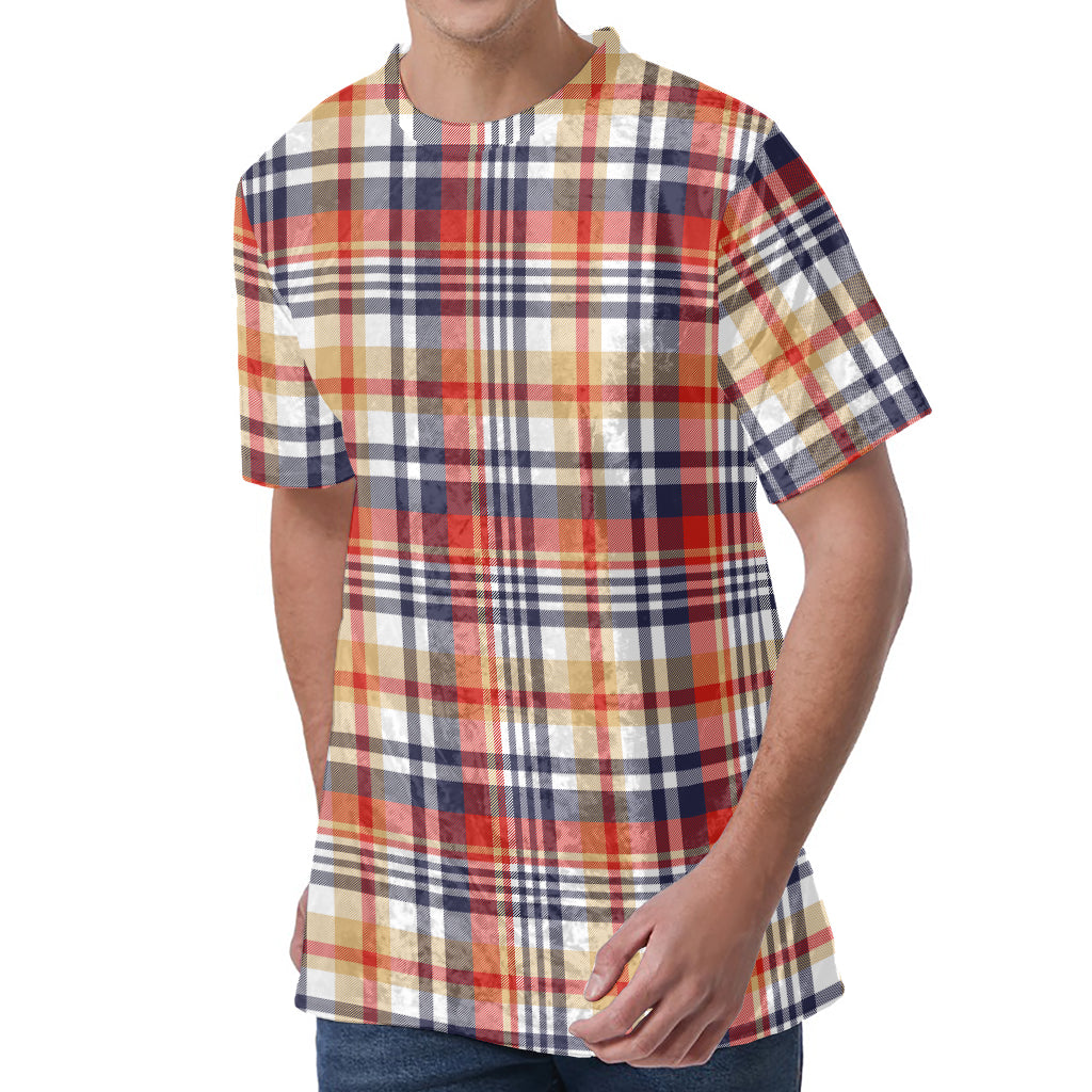 Red Blue And Beige Madras Plaid Print Men's Velvet T-Shirt