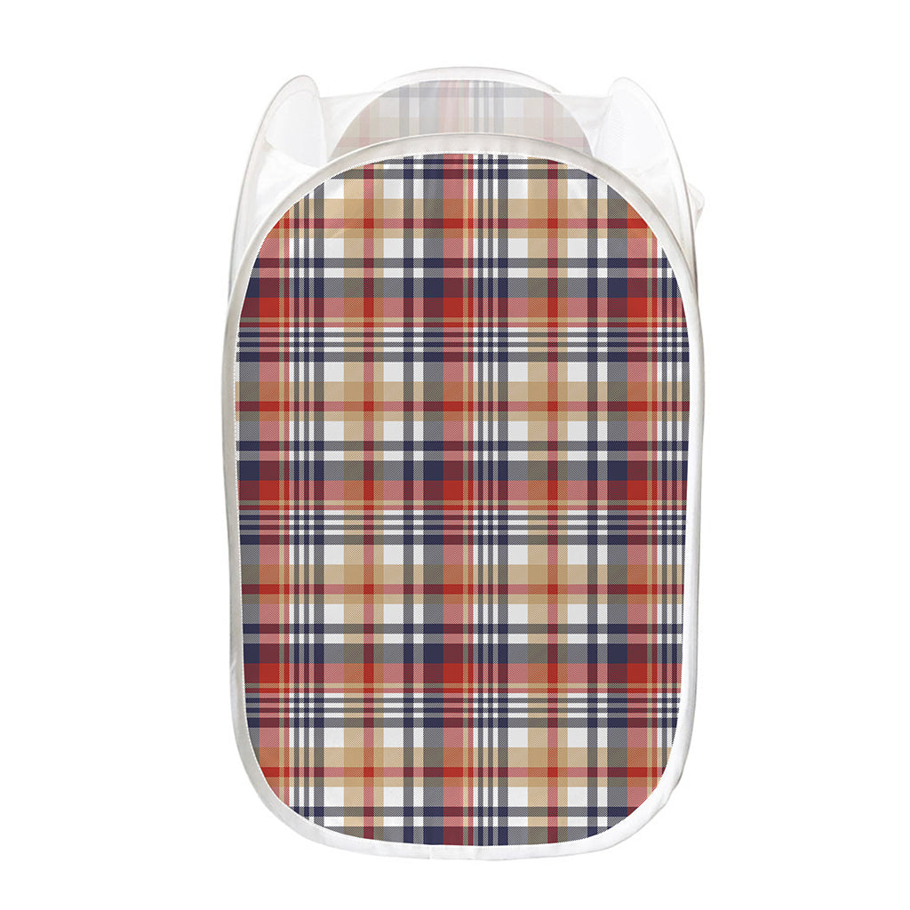 Red Blue And Beige Madras Plaid Print Mesh Laundry Hamper