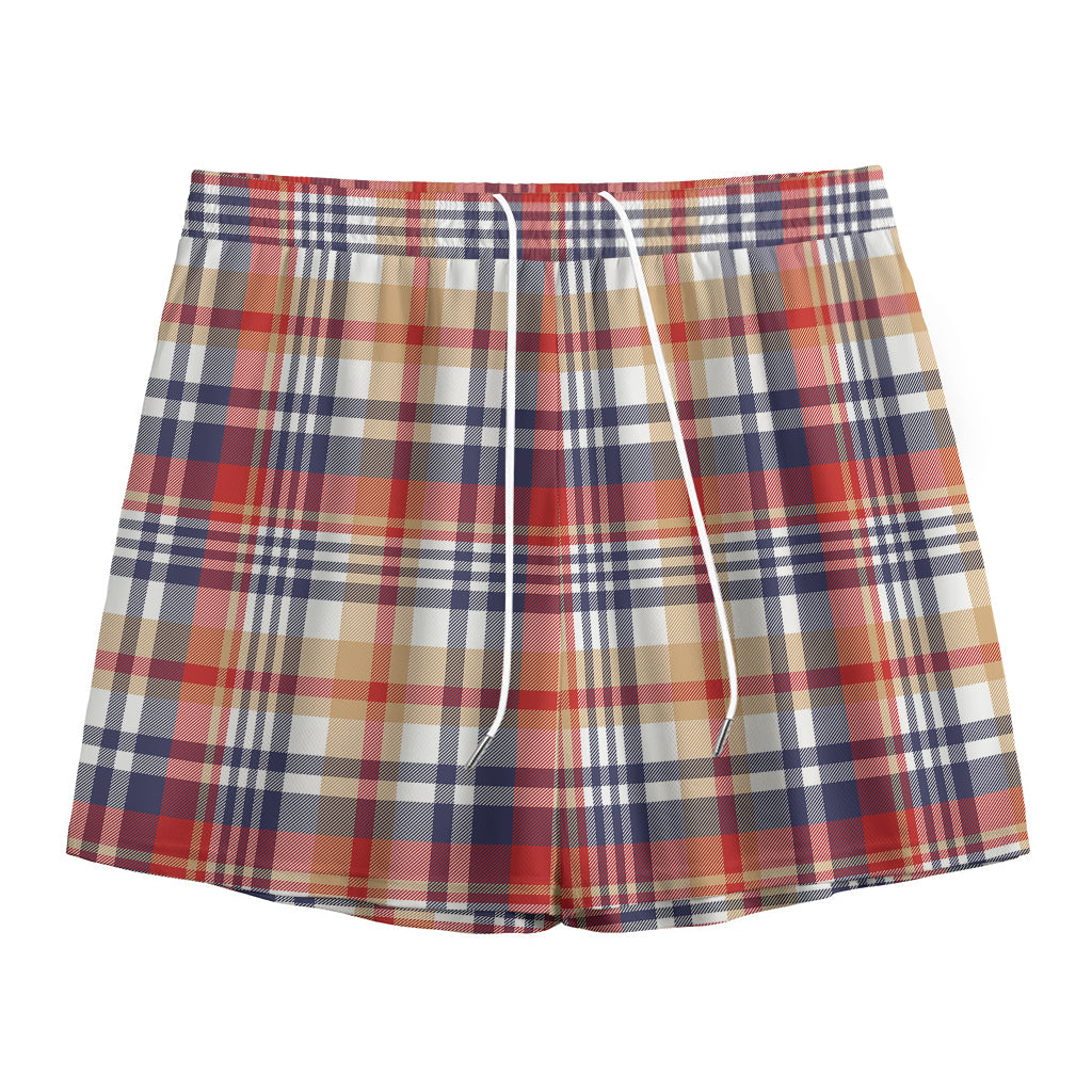Red Blue And Beige Madras Plaid Print Mesh Shorts