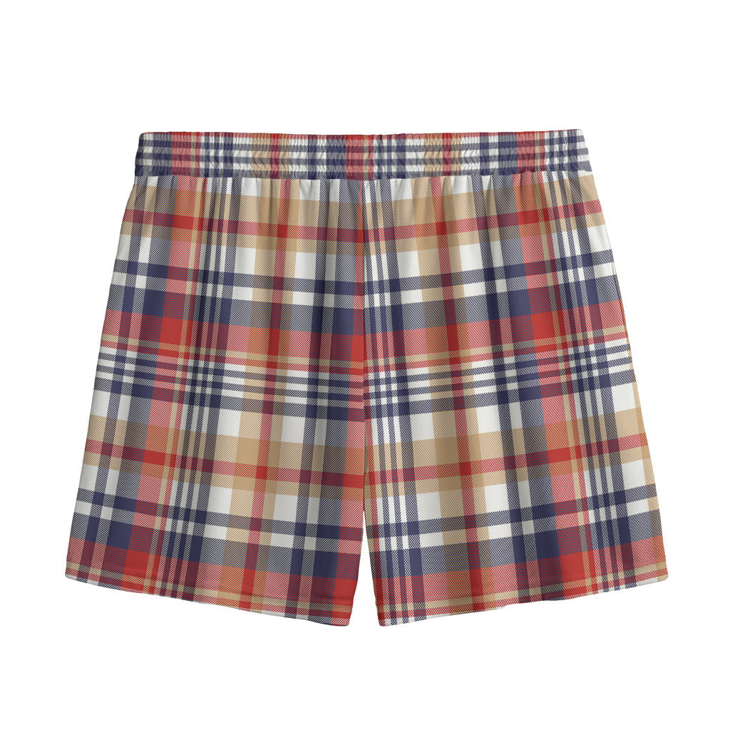 Red Blue And Beige Madras Plaid Print Mesh Shorts