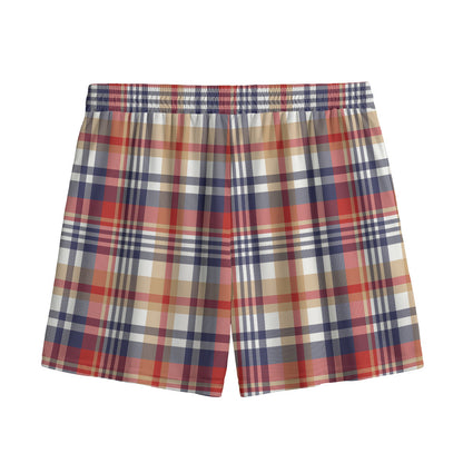Red Blue And Beige Madras Plaid Print Mesh Shorts