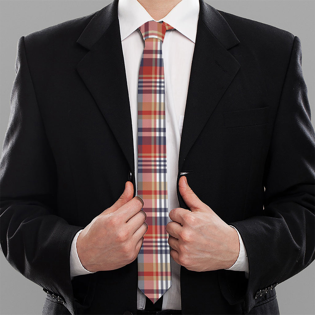 Red Blue And Beige Madras Plaid Print Necktie