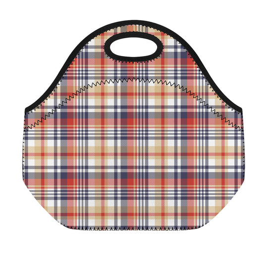 Red Blue And Beige Madras Plaid Print Neoprene Lunch Bag