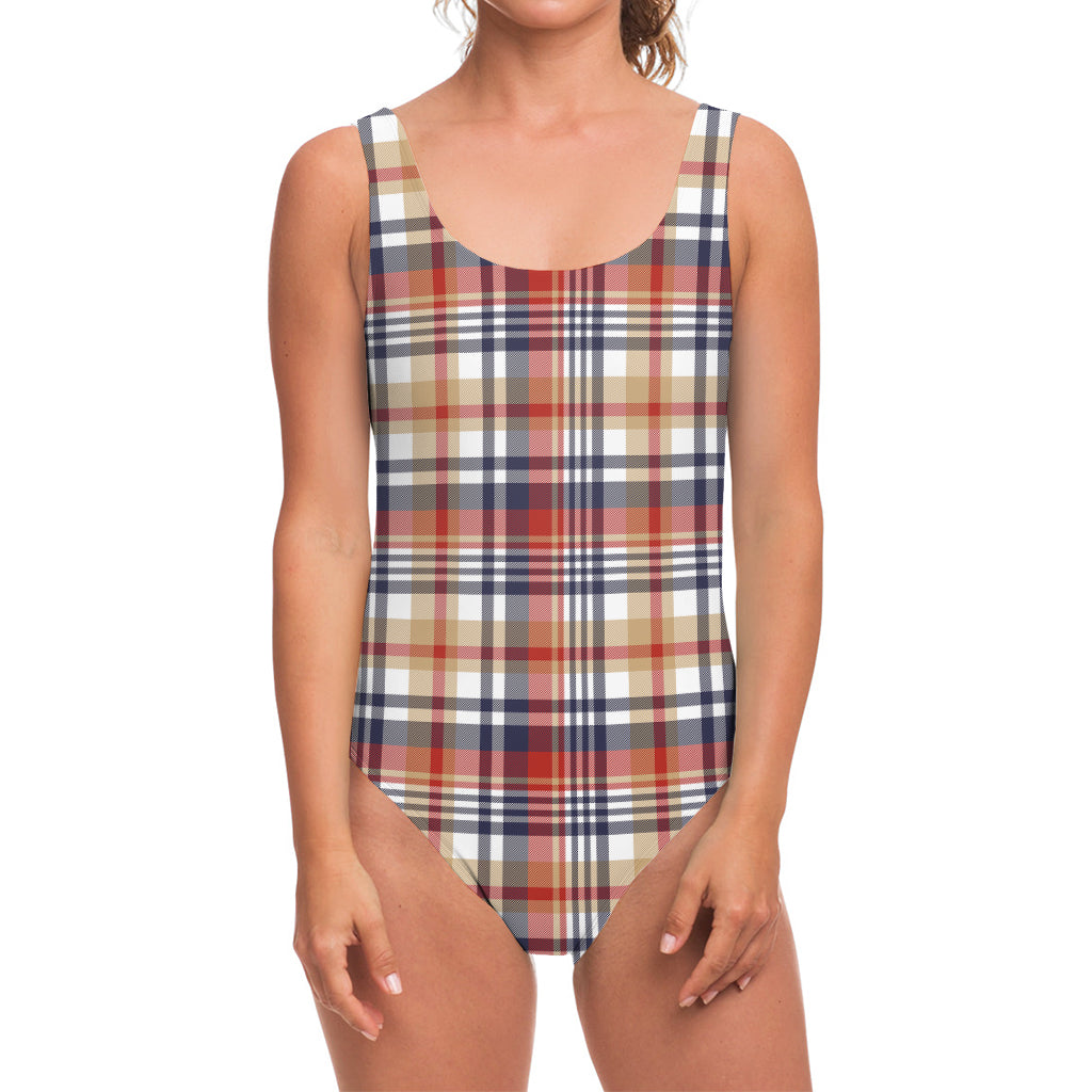 Red Blue And Beige Madras Plaid Print One Piece Swimsuit
