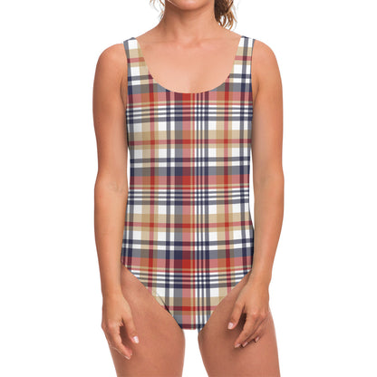 Red Blue And Beige Madras Plaid Print One Piece Swimsuit