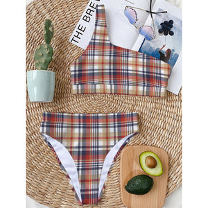 Red Blue And Beige Madras Plaid Print One Shoulder Bikini Top