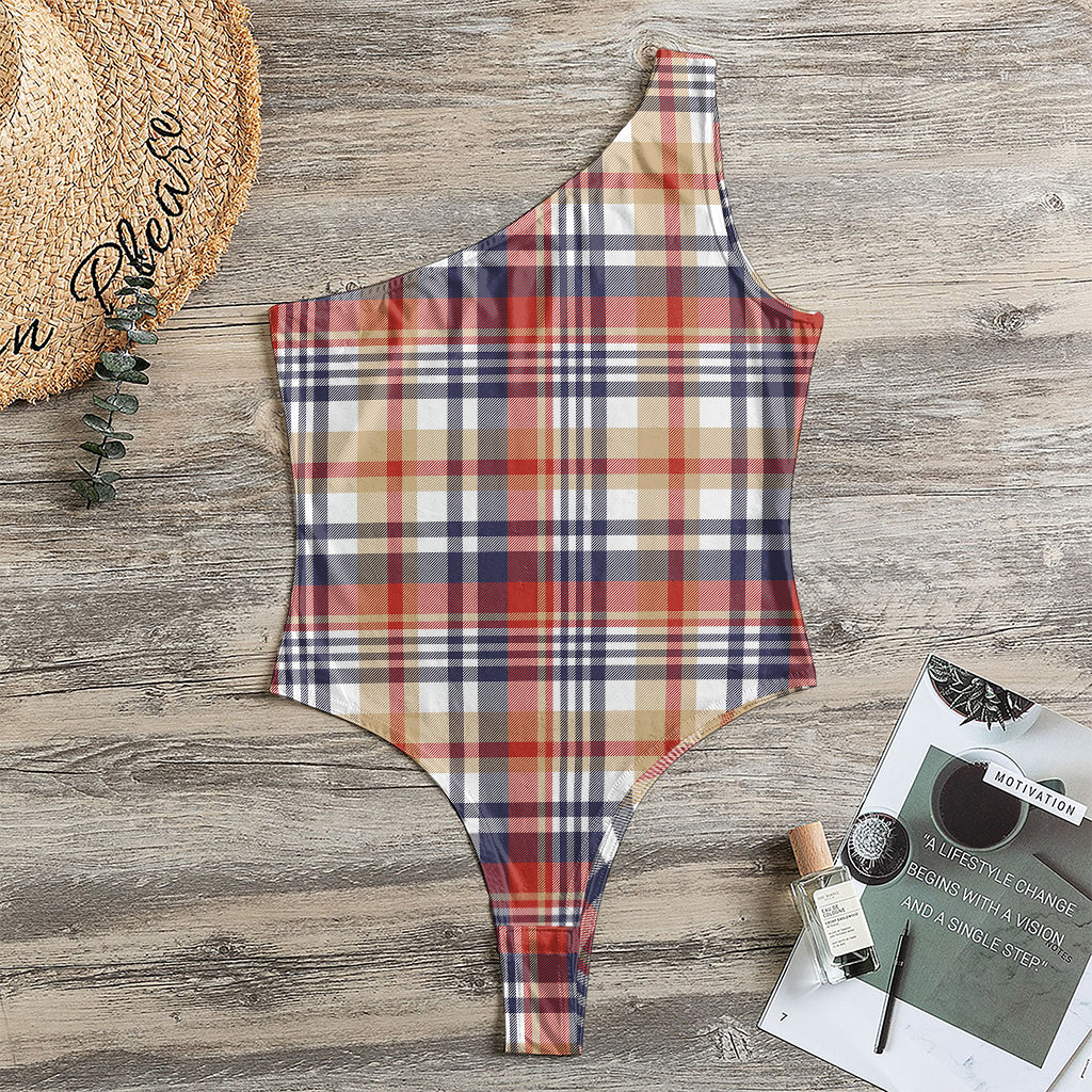 Red Blue And Beige Madras Plaid Print One Shoulder Bodysuit
