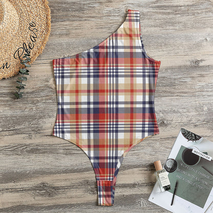 Red Blue And Beige Madras Plaid Print One Shoulder Bodysuit