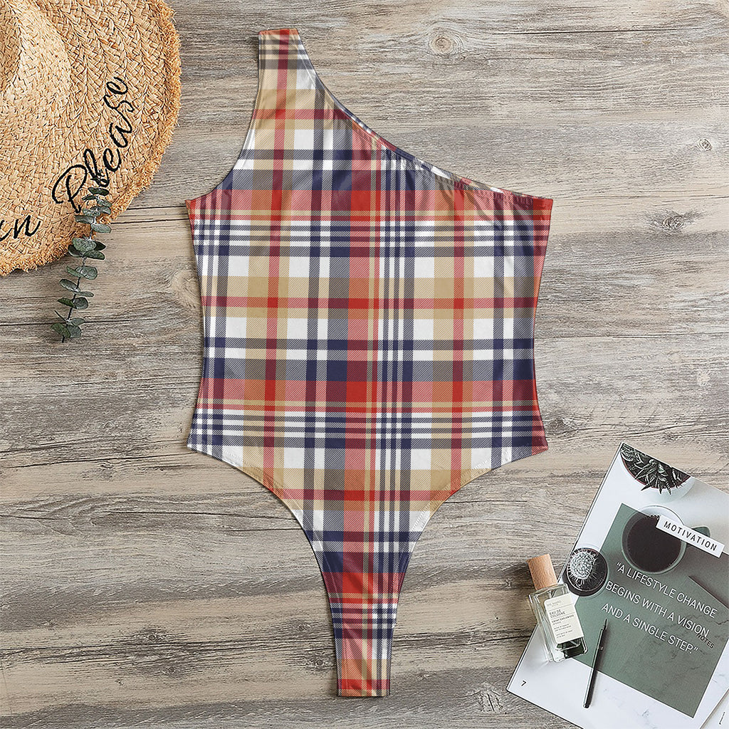 Red Blue And Beige Madras Plaid Print One Shoulder Bodysuit