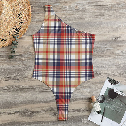 Red Blue And Beige Madras Plaid Print One Shoulder Bodysuit