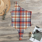 Red Blue And Beige Madras Plaid Print One Shoulder Bodysuit