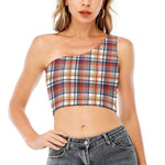 Red Blue And Beige Madras Plaid Print One Shoulder Crop Top