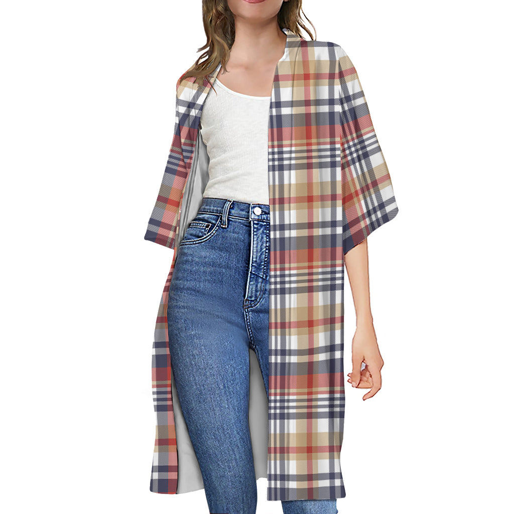 Red Blue And Beige Madras Plaid Print Open Front Beach Cover Up