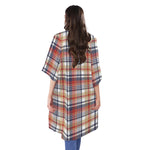 Red Blue And Beige Madras Plaid Print Open Front Beach Cover Up