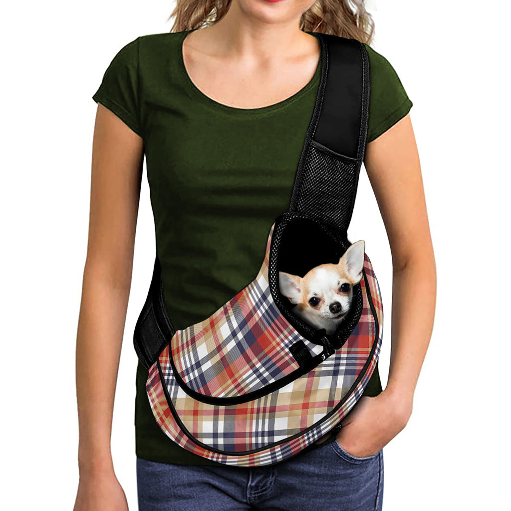 Red Blue And Beige Madras Plaid Print Pet Sling Carrier