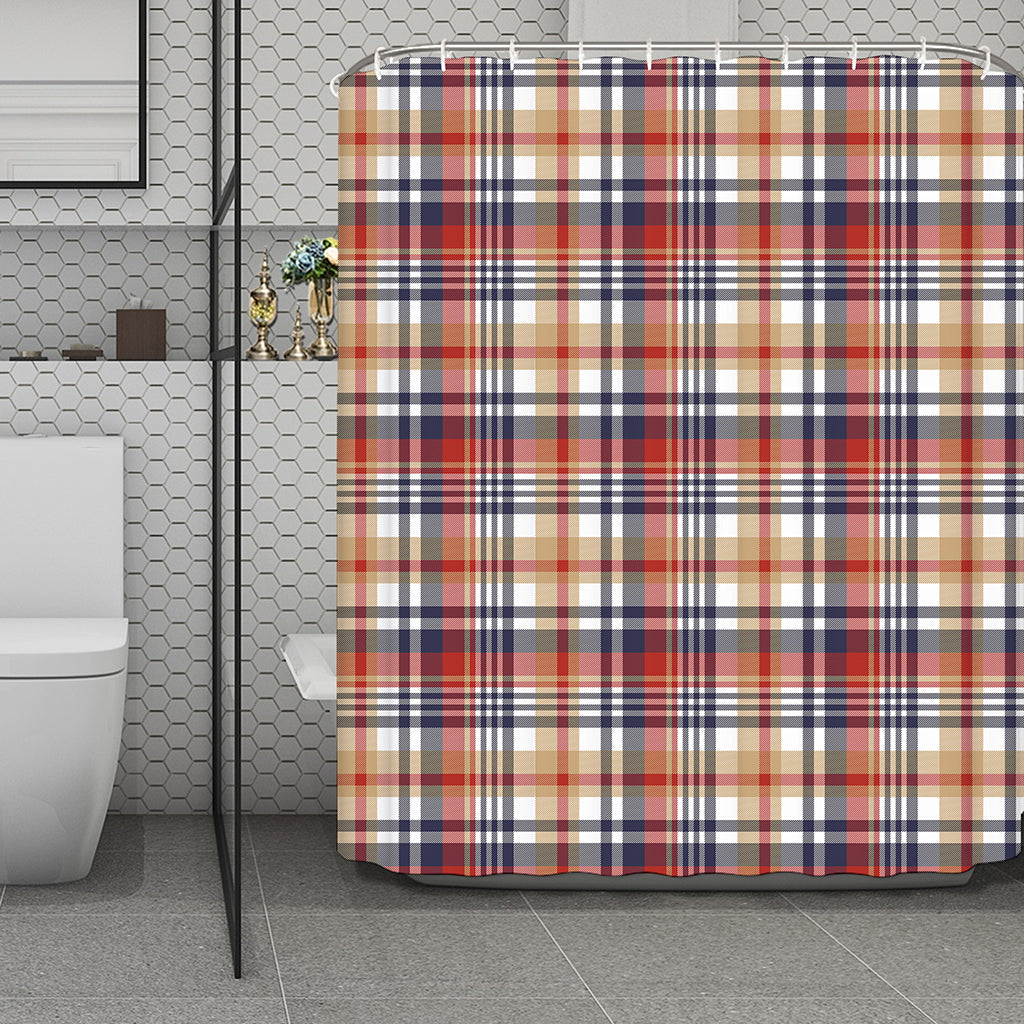 Red Blue And Beige Madras Plaid Print Polyester Shower Curtain