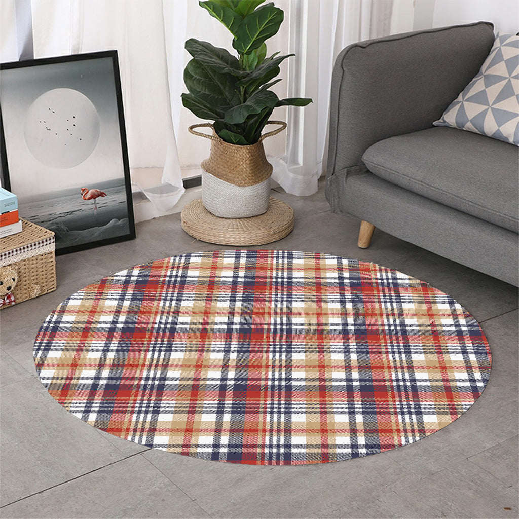 Red Blue And Beige Madras Plaid Print Round Rug