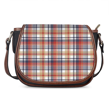 Red Blue And Beige Madras Plaid Print Saddle Bag