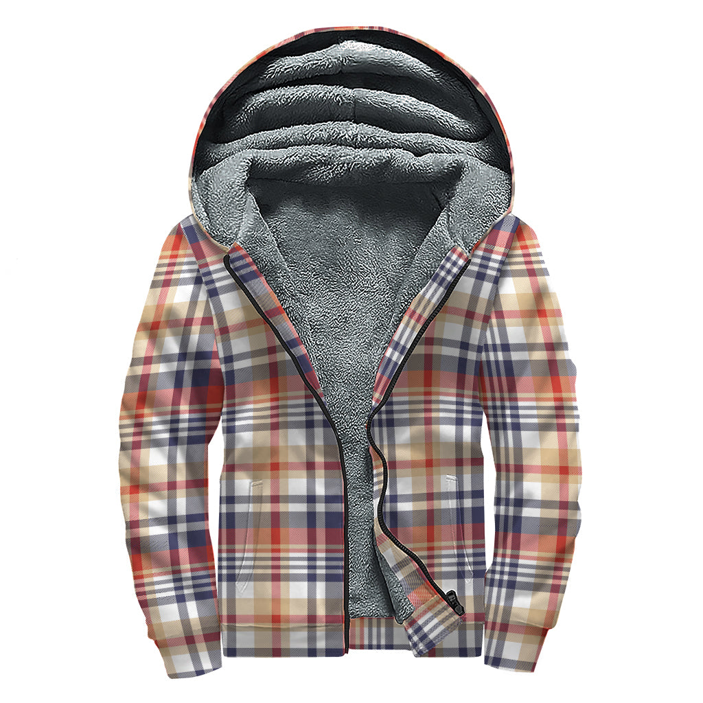 Red Blue And Beige Madras Plaid Print Sherpa Lined Zip Up Hoodie