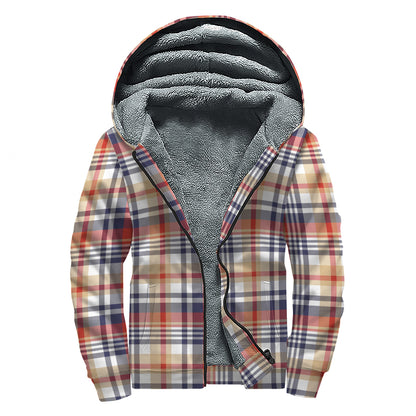 Red Blue And Beige Madras Plaid Print Sherpa Lined Zip Up Hoodie