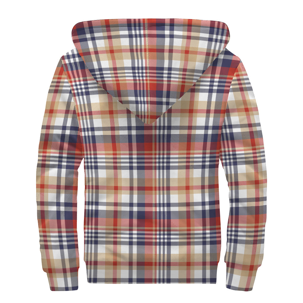 Red Blue And Beige Madras Plaid Print Sherpa Lined Zip Up Hoodie