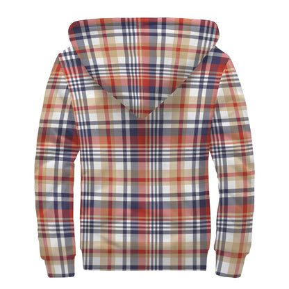 Red Blue And Beige Madras Plaid Print Sherpa Lined Zip Up Hoodie