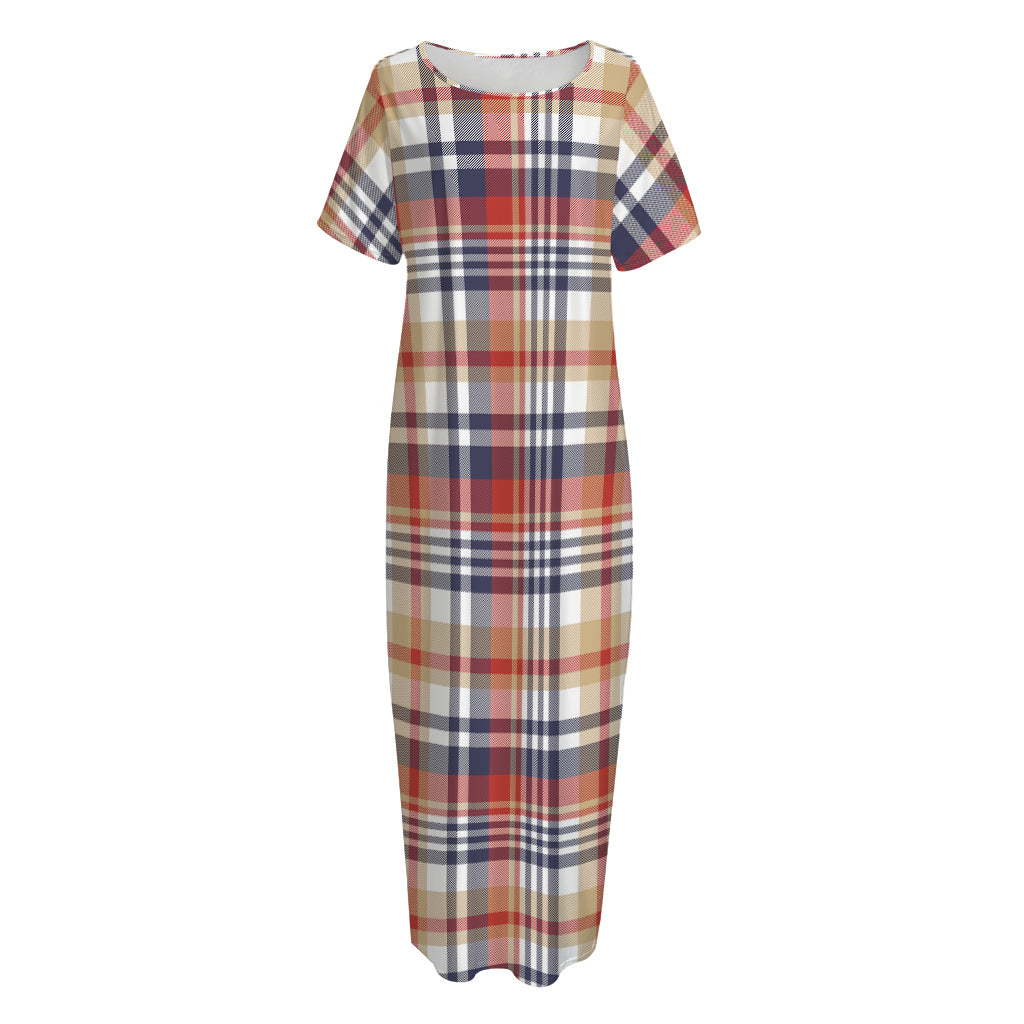 Red Blue And Beige Madras Plaid Print Short Sleeve Long Nightdress