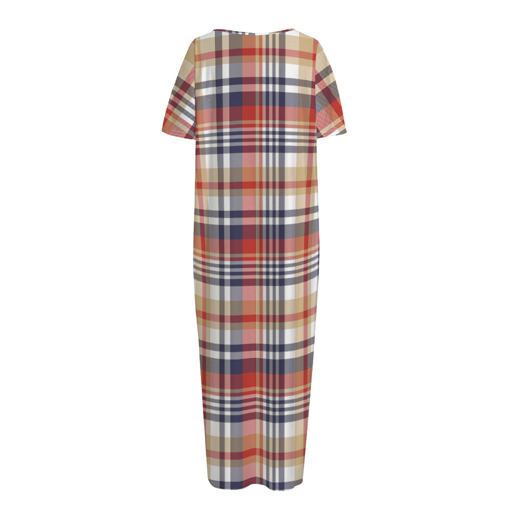 Red Blue And Beige Madras Plaid Print Short Sleeve Long Nightdress