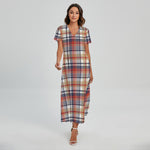 Red Blue And Beige Madras Plaid Print Short Sleeve Maxi Dress