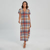 Red Blue And Beige Madras Plaid Print Short Sleeve Maxi Dress