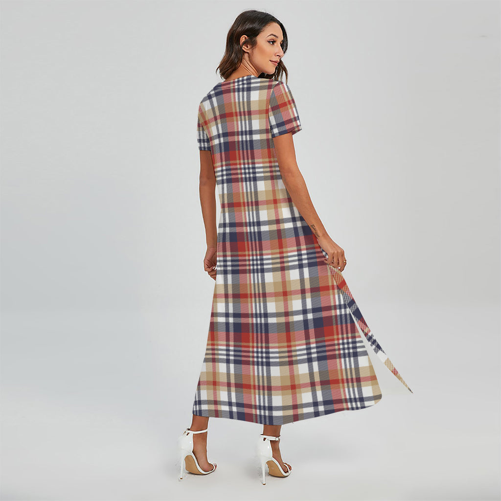 Red Blue And Beige Madras Plaid Print Short Sleeve Maxi Dress