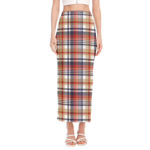 Red Blue And Beige Madras Plaid Print Side Slit Maxi Skirt