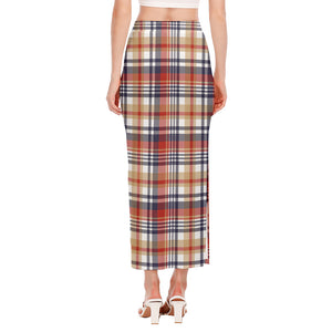 Red Blue And Beige Madras Plaid Print Side Slit Maxi Skirt