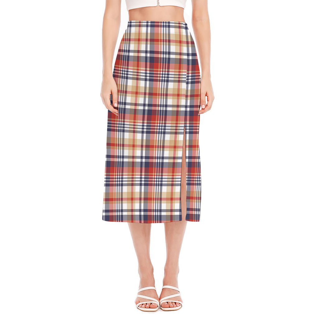 Red Blue And Beige Madras Plaid Print Side Slit Midi Skirt