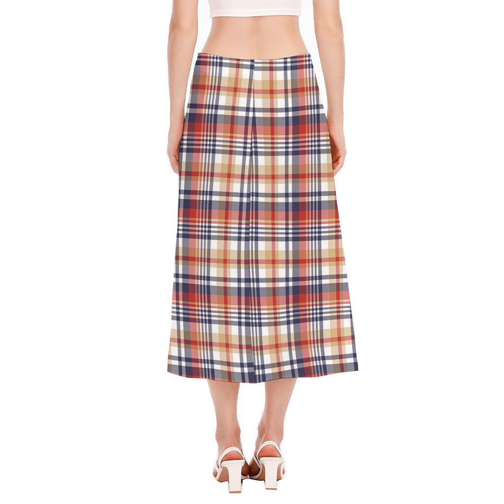 Red Blue And Beige Madras Plaid Print Side Slit Midi Skirt