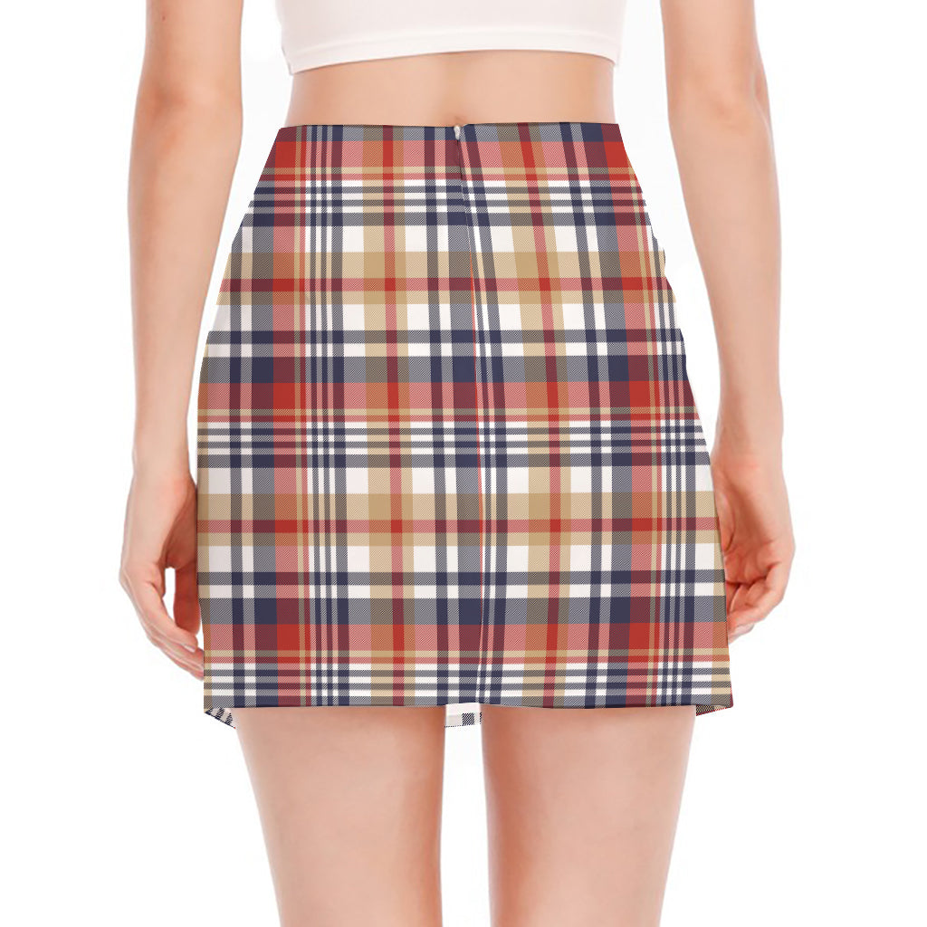 Red Blue And Beige Madras Plaid Print Side Slit Mini Skirt