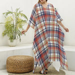 Red Blue And Beige Madras Plaid Print Silk V-Neck Kaftan Dress