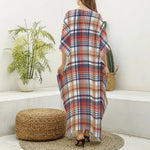 Red Blue And Beige Madras Plaid Print Silk V-Neck Kaftan Dress