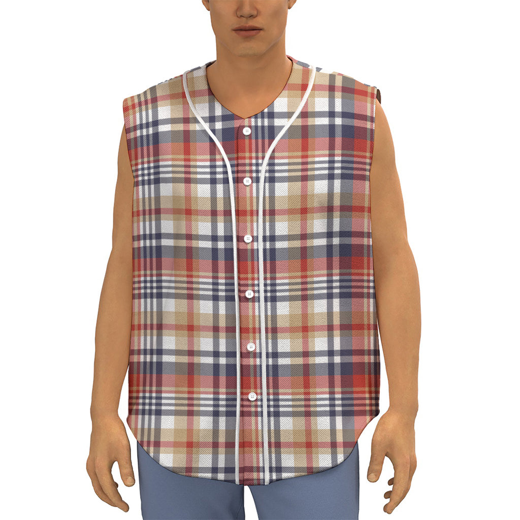 Red Blue And Beige Madras Plaid Print Sleeveless Baseball Jersey