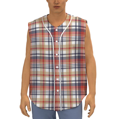 Red Blue And Beige Madras Plaid Print Sleeveless Baseball Jersey